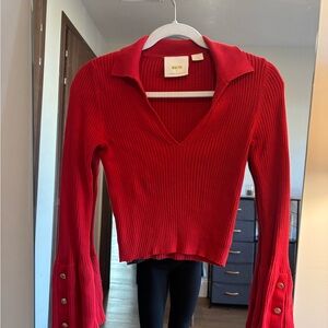 Anthropologie Red Ribbed V-Neck Top